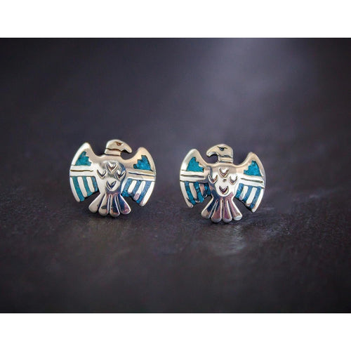 Sterling Silver Thunderbird Stud Earrings inlaid with Turquoise