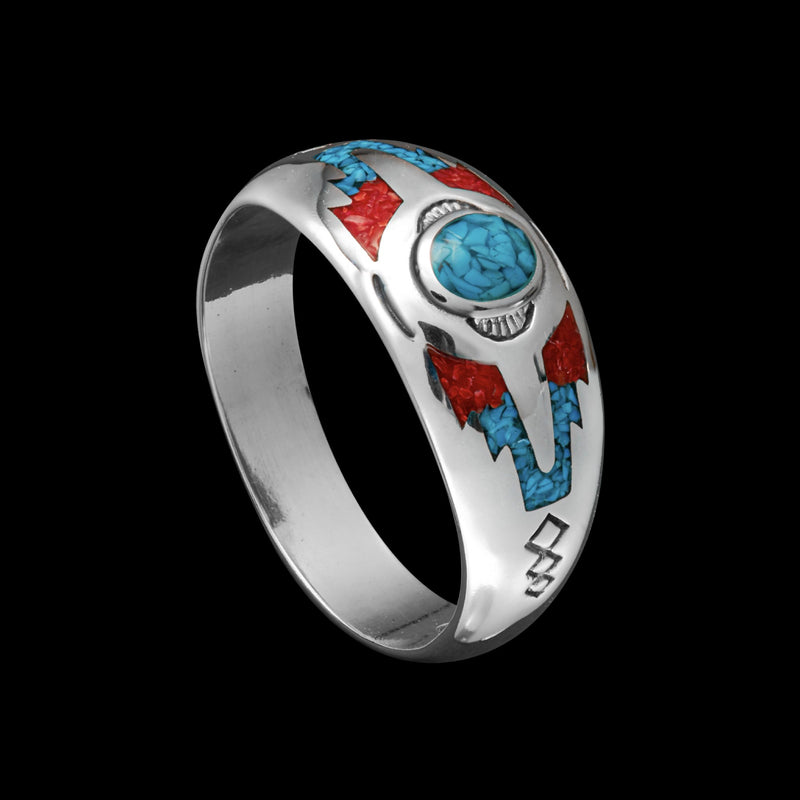 Southwest Ring • Native American Indian Style • Turquoise with Red Coral • 925 Sterling Silver