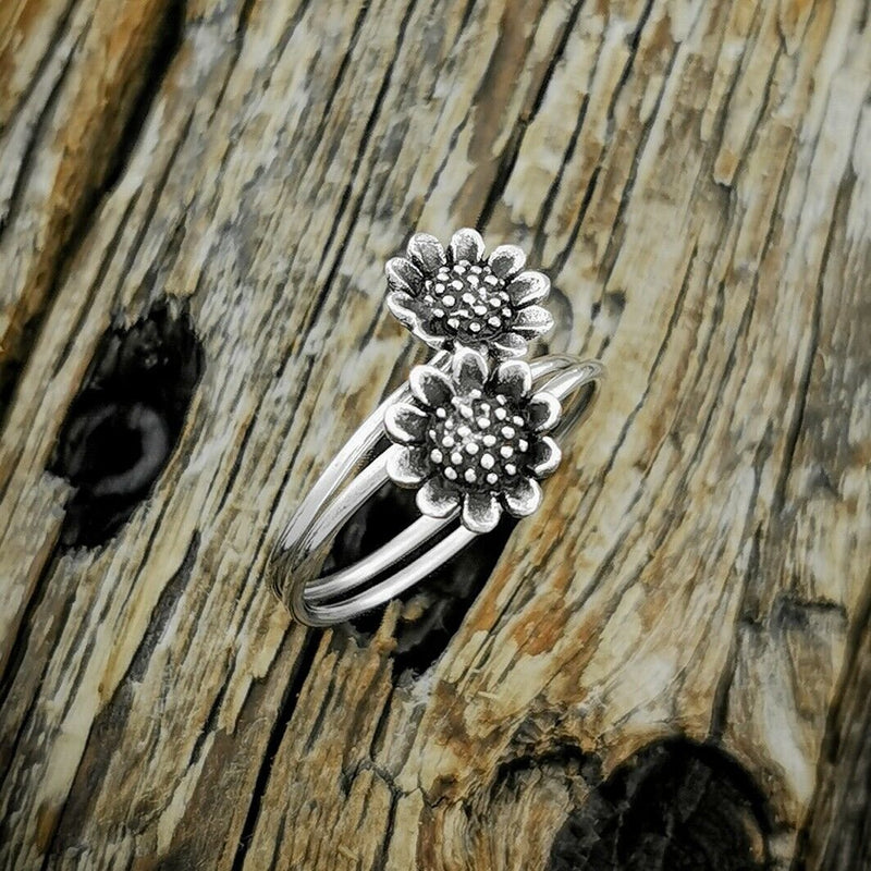 925 Sterling Silver Double Sunflower Adjustable Ring