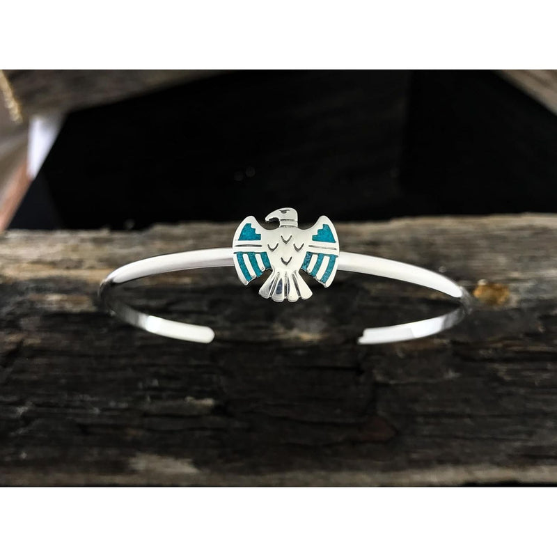 Size 6-3/4 Wrist - 925 Sterling Silver Turquoise thunderbird Cuff Bracelet, Simple native american southwestern Design, Handcrafted Silver Jewelry, Handmade Sky Bangle Bracelet