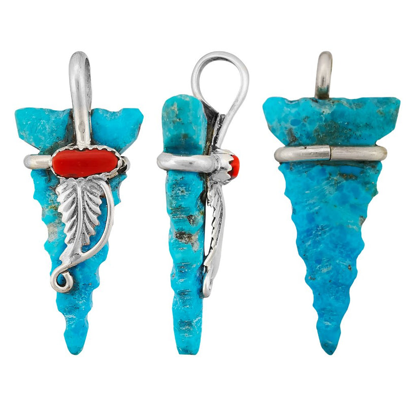 Native American Pendant, Hand Carved Turquoise Arrowhead, 925 Silver