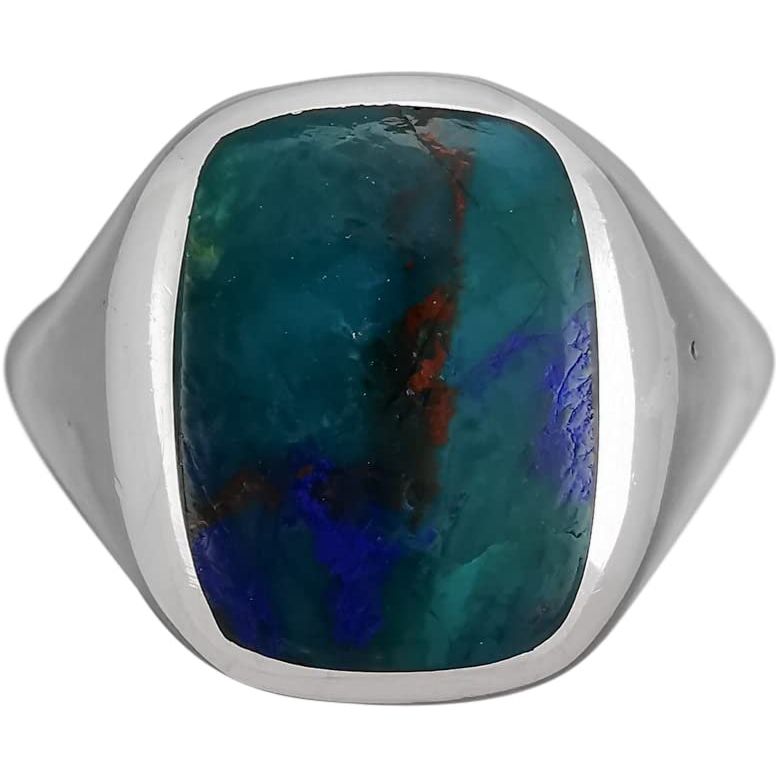 Size 10.5-925 Sterling Silver Rectangular Azurite Cabochon Ring, Simple Rounded Geometric Design, Handmade Gemstone Jewelry, Statement Birthstone Band