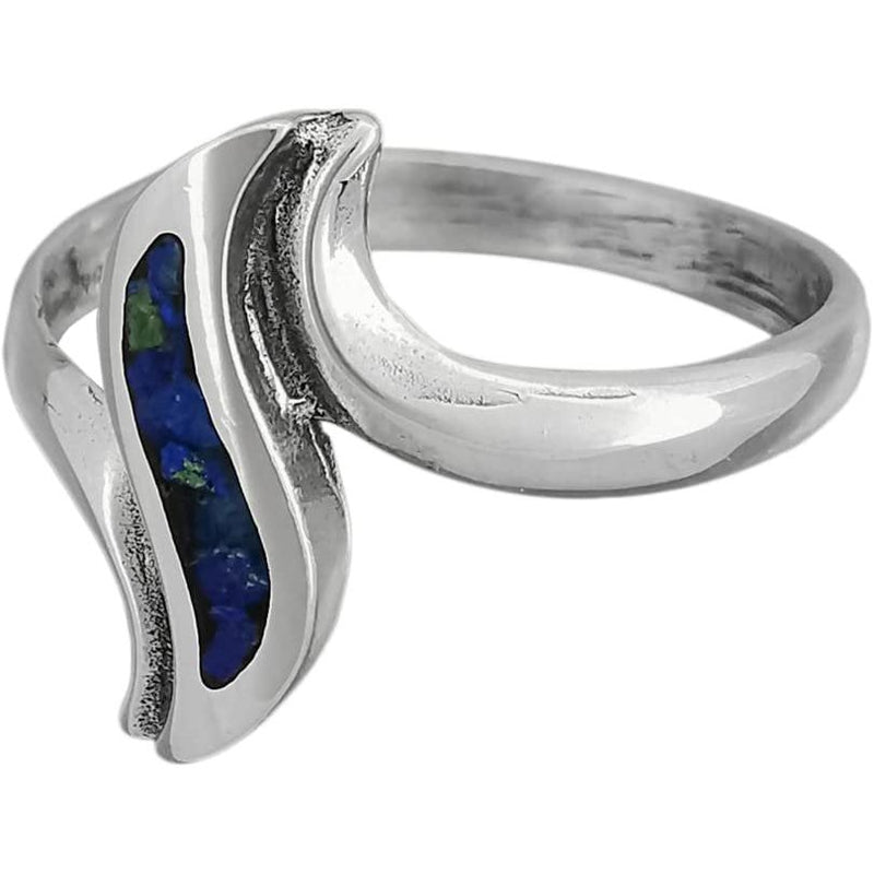 Size 7-925 Sterling Silver Wavy Azurite Chip Ring, Unique Wispy Wave Design, Handmade Gemstone Jewelry, Statement Birthstone Band