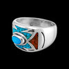 Size 7-925 Sterling Silver Southwestern Turquoise, Red Coral, & Turquoise Resin Arrow Band, Oval Center, Geometric Pattern