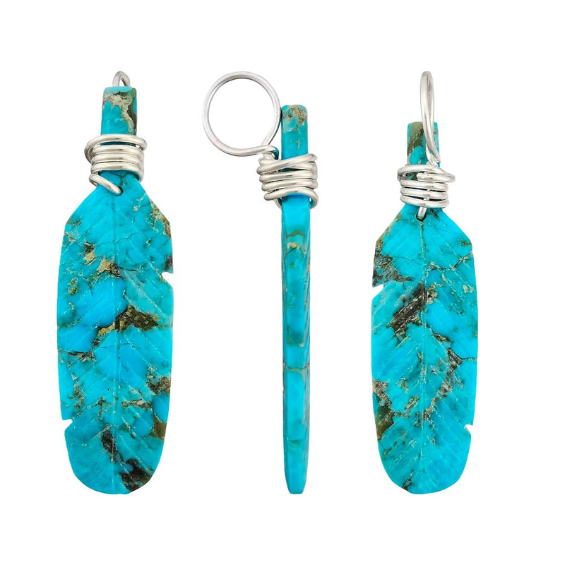 Native American Pendant, Hand Carved Turquoise Feather, 925 Silver