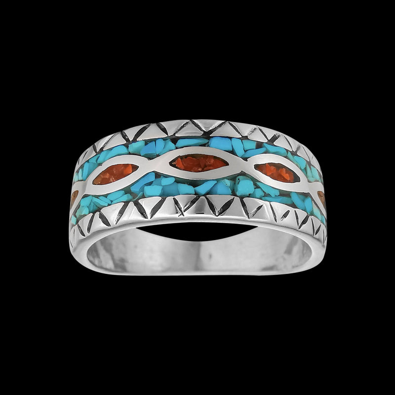 River Ring • Navajo Inspired • Sterling Silver with Red Coral and Turquoise Inlay