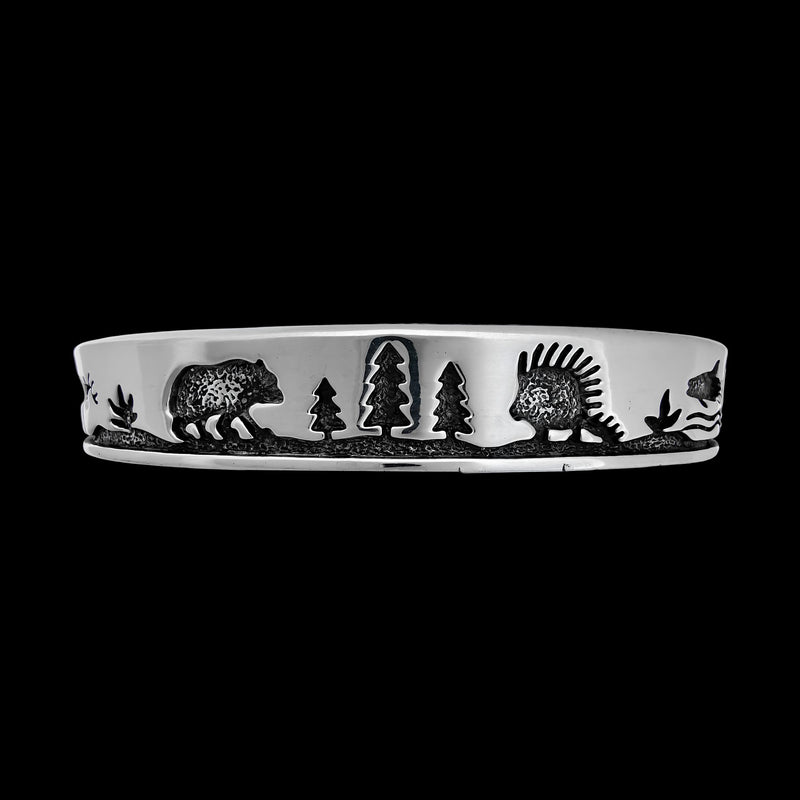 Sterling Silver Wildlife Scene Bracelet • Snowy Cabin Design • Nature Lover • Navajo