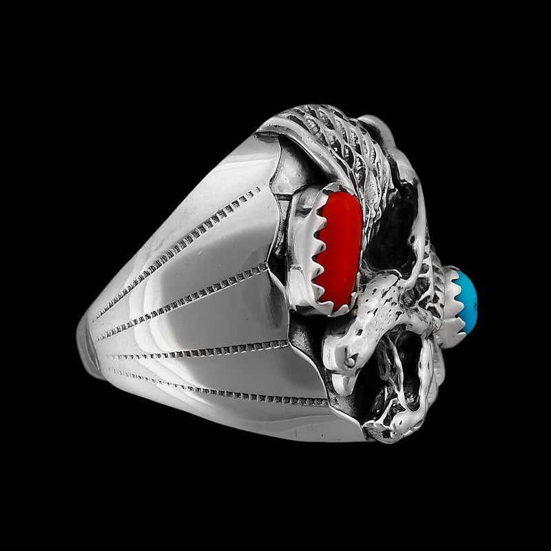 Handmade Navajo Ring • 925 Silver • Turquoise and Red Coral • Size 10 • Grace Smith