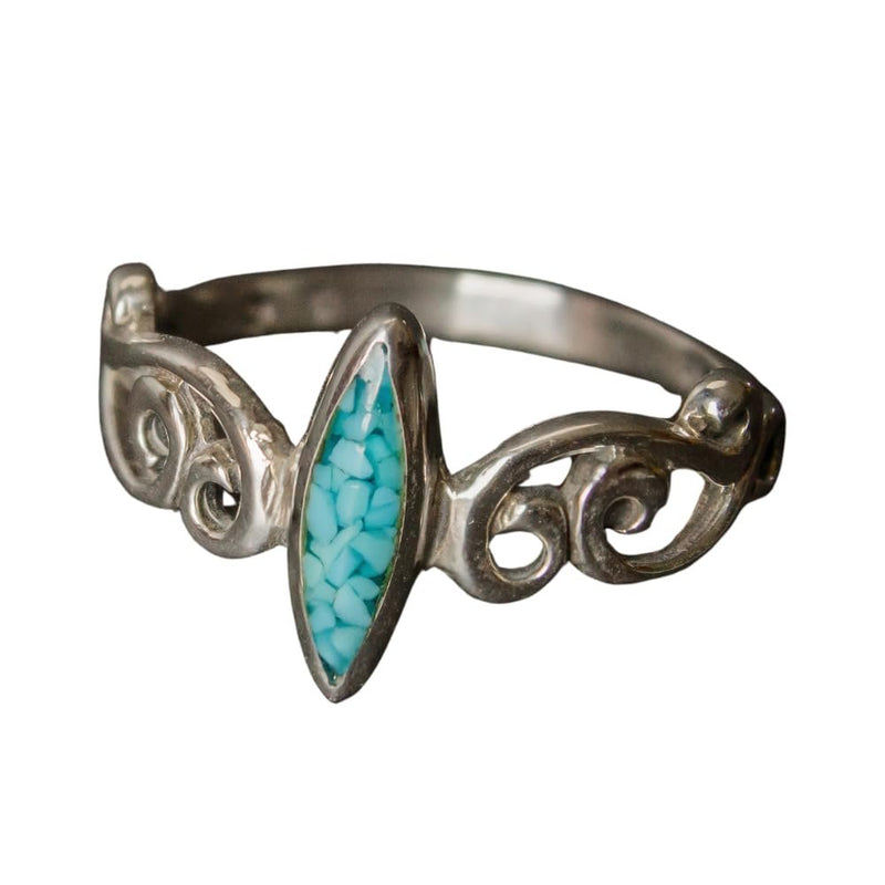 Size 6.5-925 Sterling Silver Turquoise Marquise Ring, Elongated Scrollwork Design, Handmade Decorative Band, Handcrafted Gemstone Jewelry