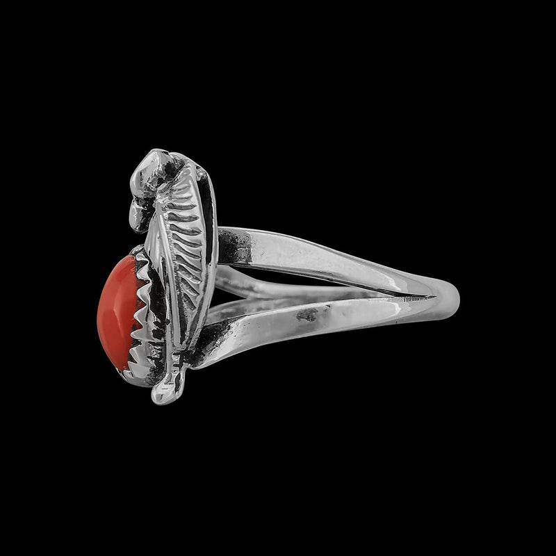 Size 6.5-925 Sterling Silver Floral Red Coral Cabochon Ring, Leaves & Flower Design, Handmade Gemstone Jewelry, Statement Birthstone Nature Band