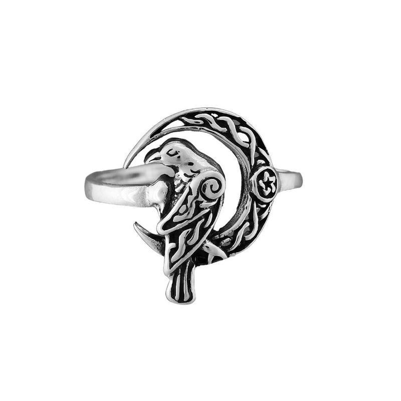 Beautiful 925 sterling silver Celtic Raven on a Crescent Moon ring, pentagram