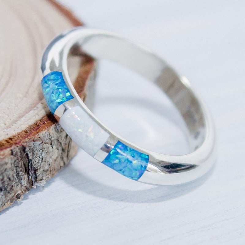 Navajo Family Ring • White Opal and Blue Opal • Native American Handmade • Sterling Silver