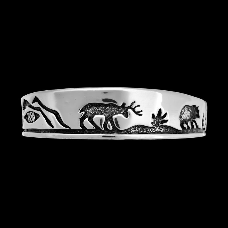 Sterling Silver Wildlife Scene Bracelet • Snowy Cabin Design • Nature Lover • Navajo