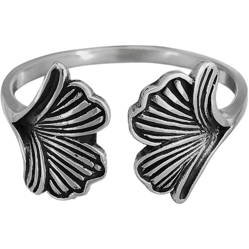 Sterling silver bohemian adjustable ring with two Ginkgo Biloba leaves