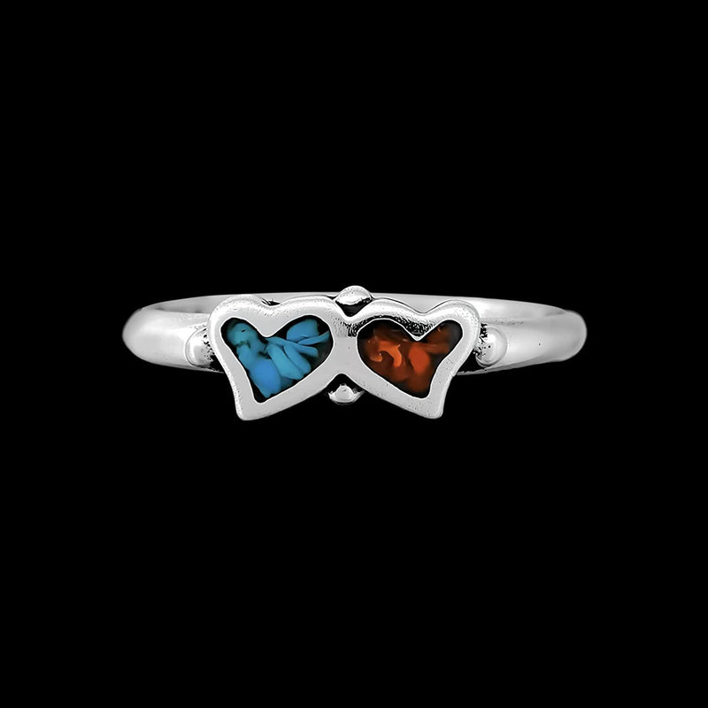 Size 5.5-925 Sterling Silver Turquoise & Red Coral Hearts Ring, Pair of Hearts Design, Handmade Gemstone Band, Handcrafted Birthstone Love Jewelry