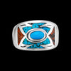 Size 7-925 Sterling Silver Southwestern Turquoise, Red Coral, & Turquoise Resin Arrow Band, Oval Center, Geometric Pattern