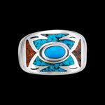 Size 7-925 Sterling Silver Southwestern Turquoise, Red Coral, & Turquoise Resin Arrow Band, Oval Center, Geometric Pattern