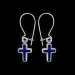 925 Sterling Silver Lapis Lazuli Cross Earwire Earrings, Handmade Gemstone Dangle Earrings, Handcrafted Religious Crucifix Jewelry