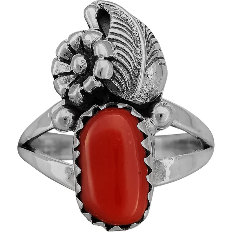 Size 5.5-925 Sterling Silver Floral Red Coral Cabochon Ring, Leaf & Flower Design, Handmade Gemstone Jewelry, Statement Birthstone Nature Band