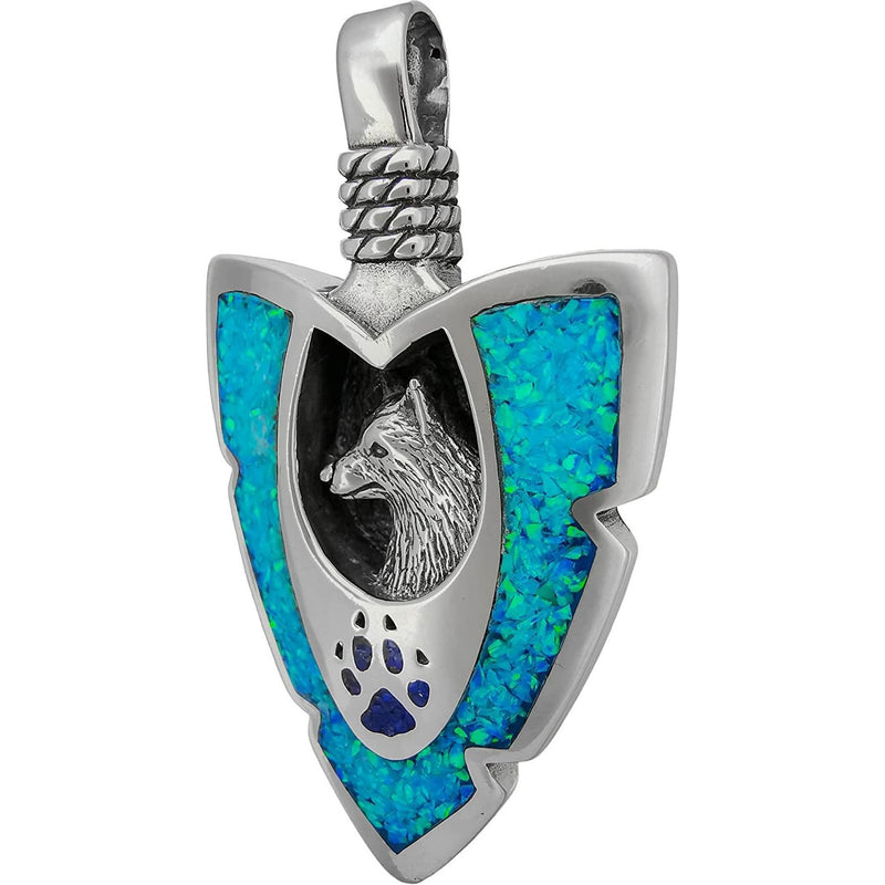 925 Sterling Silver Large Blue Opal & Lapis Lazuli Arrowhead Pendant, Detailed Wolf Pendant with Paw & Claws, Native American Animal Jewelry, Southwestern Wolf Paw Print Necklace