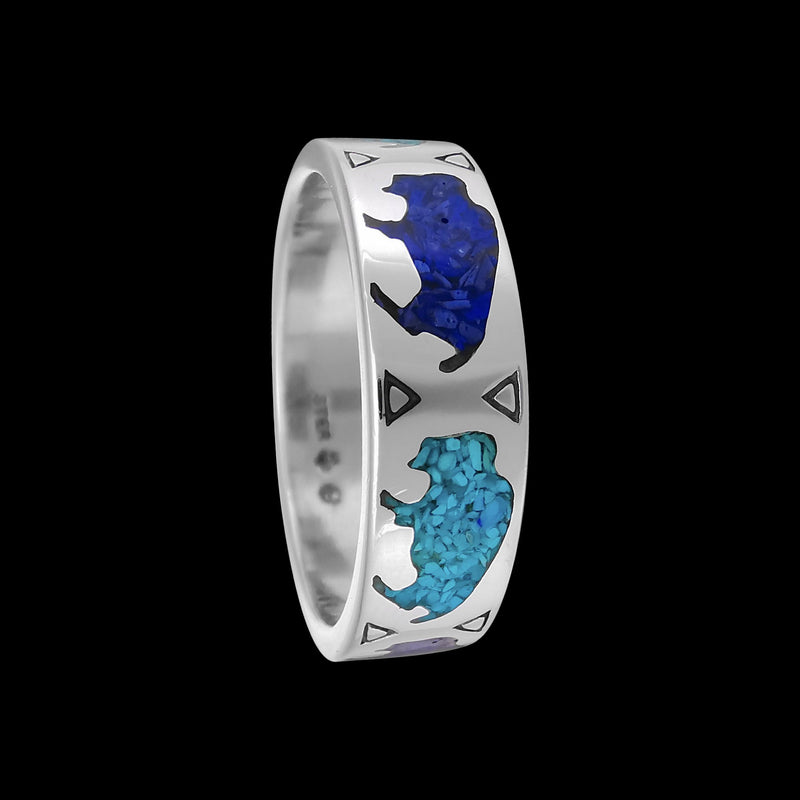 Sterling Silver Buffalo Ring • Turquoise and Lapis Lazuli Inlay • Running Bison Band • Tatanka Ivanbito • Navajo Handmade