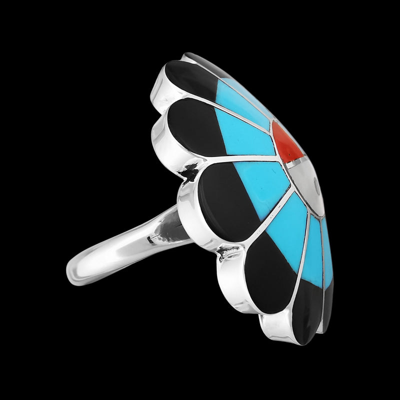 Sunface Ring • Turquoise & Red Coral • Zuni • 925 Silver • Native American • Size 6.75 • Mother of Pearl