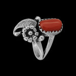 Size 5.5-925 Sterling Silver Floral Red Coral Cabochon Ring, Leaf & Flower Design, Handmade Gemstone Jewelry, Statement Birthstone Nature Band
