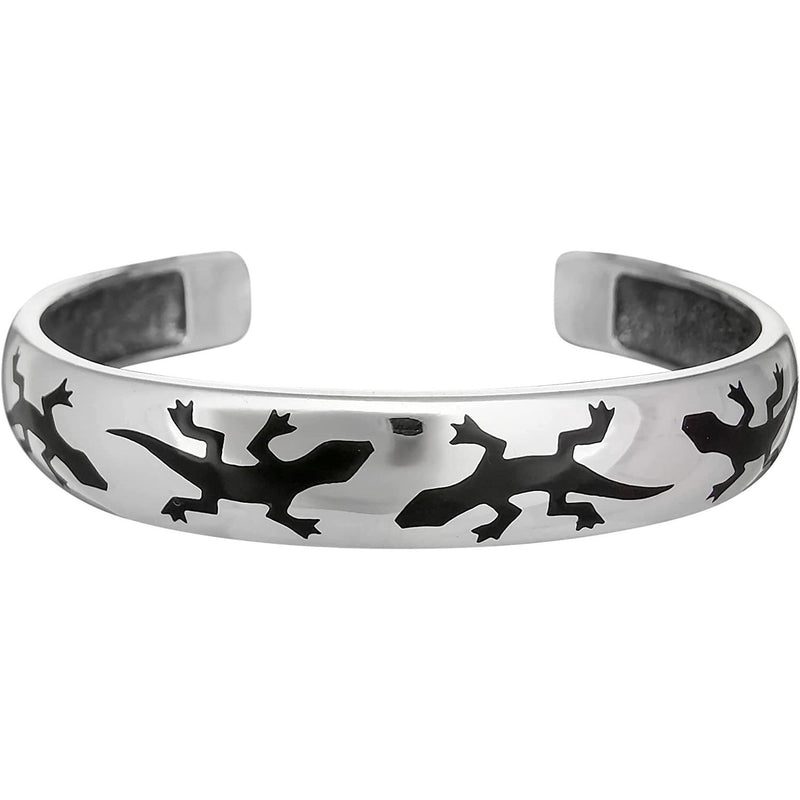 Size 6-7/8 Wrist - 925 Sterling Silver Black Resin Gecko Cuff Bracelet, Southwestern Reptile Design, Handcrafted Silver Nature Jewelry, Handmade Animal Bangle Bracelet