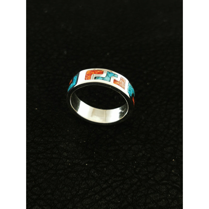 925 Sterling Silver Tetris Ring - Tribal Band with Turquoise and Coral Accents