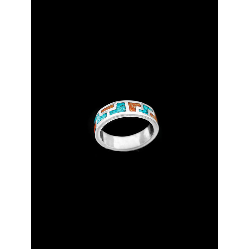 925 Sterling Silver Tetris Ring - Tribal Band with Turquoise and Coral Accents