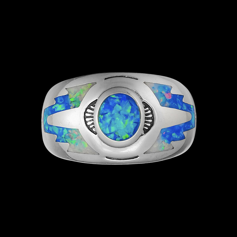 Southwest Ring • Blue Opal with White Opals • 925 Sterling Silver • Navajo Handmade