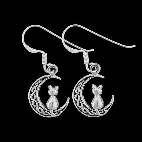 Sterling Silver Cat On Crescent Moon Dangle Earrings