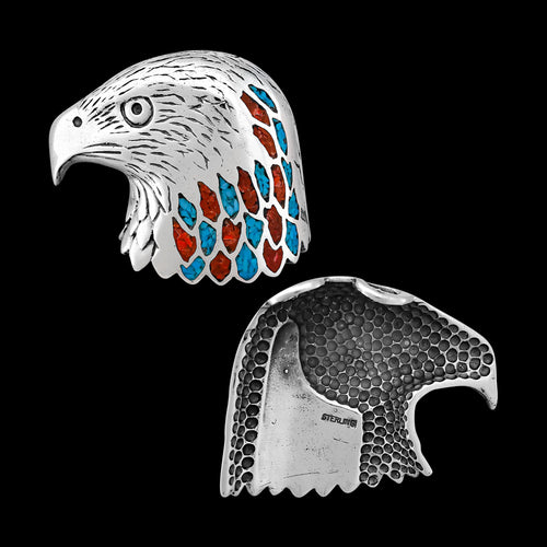 Bald Eagle Pendant • 925 Sterling Silver • Feathers inlaid with Turquoise and Coral • Native American Jewelry