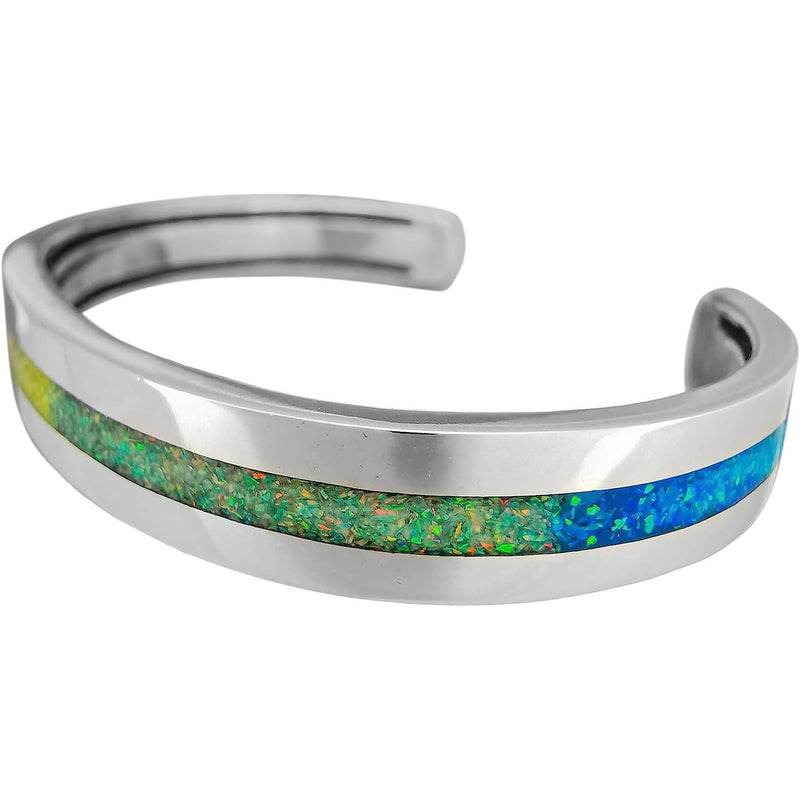 925 Sterling Silver Rainbow Opal Cuff Bracelet, Single Band of Inlay, Handmade Gemstone Jewelry (Medium)