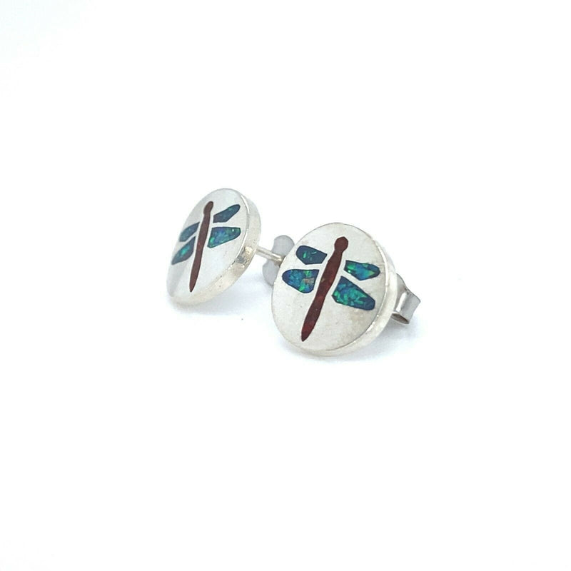 925 Sterling Silver Round Dragonfly Stud Earrings inlaid Red and Blue Opal