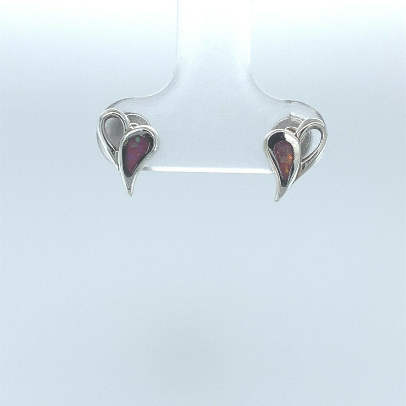 925 Sterling Silver Stud Earrings, Small Half Filled Heart Stud Post, Pink Opal