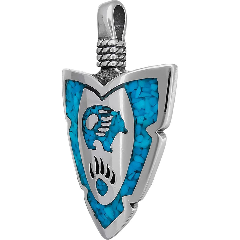 925 Sterling Silver Medium Turquoise Arrowhead Pendant, Detailed Bear Pendant with Paw & Claws, Native American Jewelry, Southwestern Animal Necklace