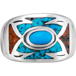 Size 7-925 Sterling Silver Southwestern Turquoise, Red Coral, & Turquoise Resin Arrow Band, Oval Center, Geometric Pattern