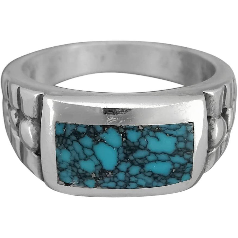 Size 10.75 - Vintage 925 Sterling Silver Kingman Turquoise Rectangular Cabochon Ring, Beaded Accent Design, Handmade Gemstone Jewelry, Statement Navajo Birthstone Band