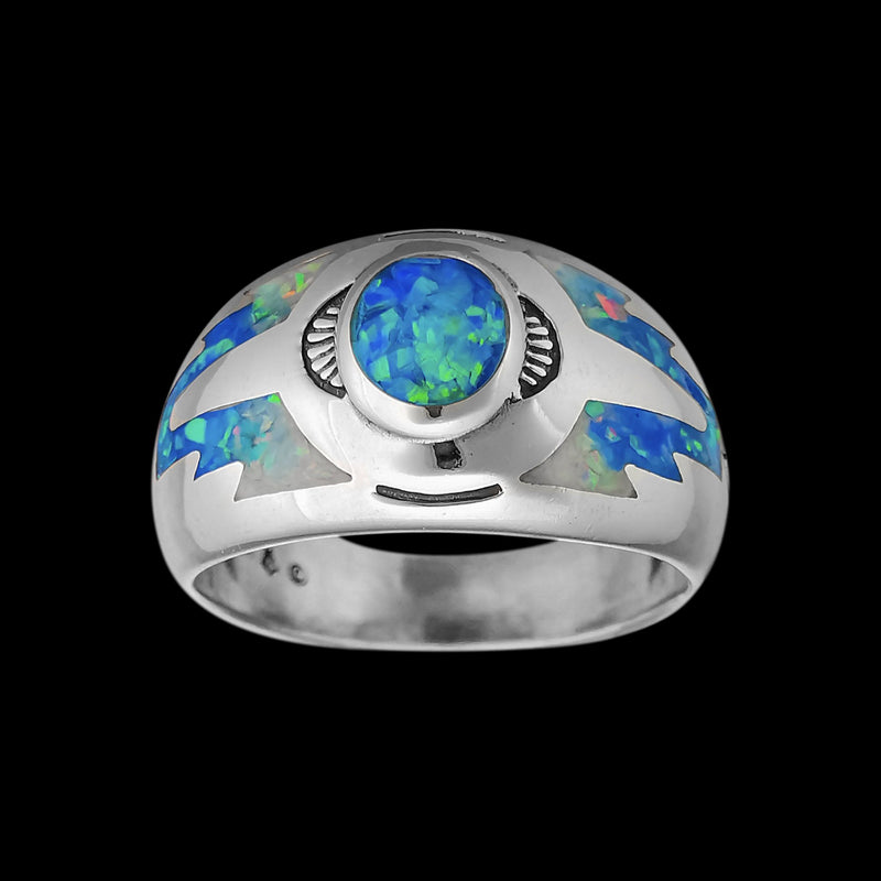 Southwest Ring • Blue Opal with White Opals • 925 Sterling Silver • Navajo Handmade