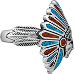 Size 9.5-925 Sterling Silver Native American Chief Headdress Ring, Turquoise & Red Coral Headdress Design, Statement Gemstone Band, Handmade Birthstone Jewelry