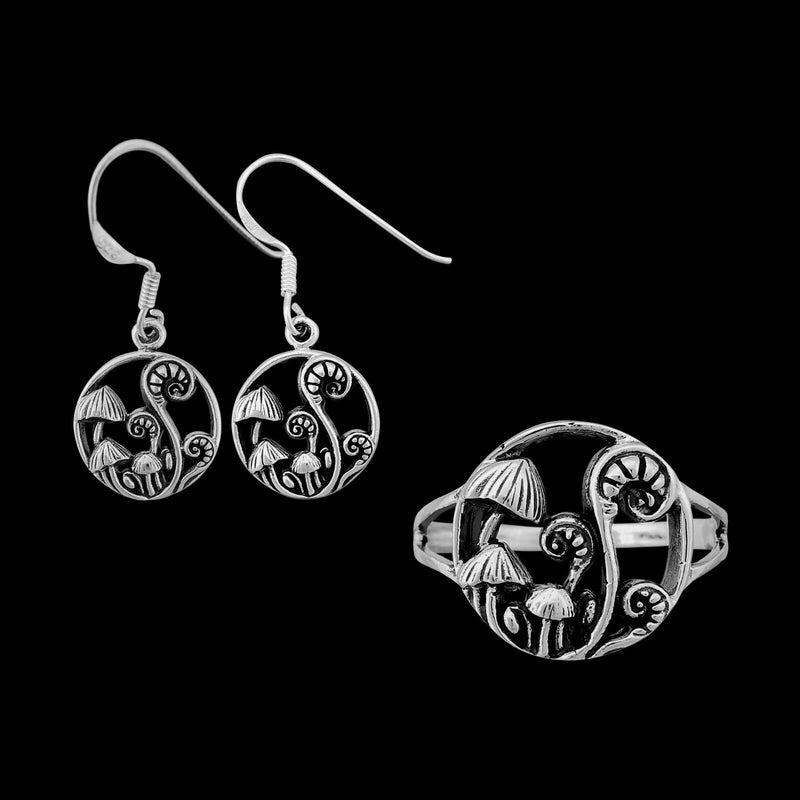 925 Sterling Silver Toadstool and Fiddlehead Fern dangle and drop earrings