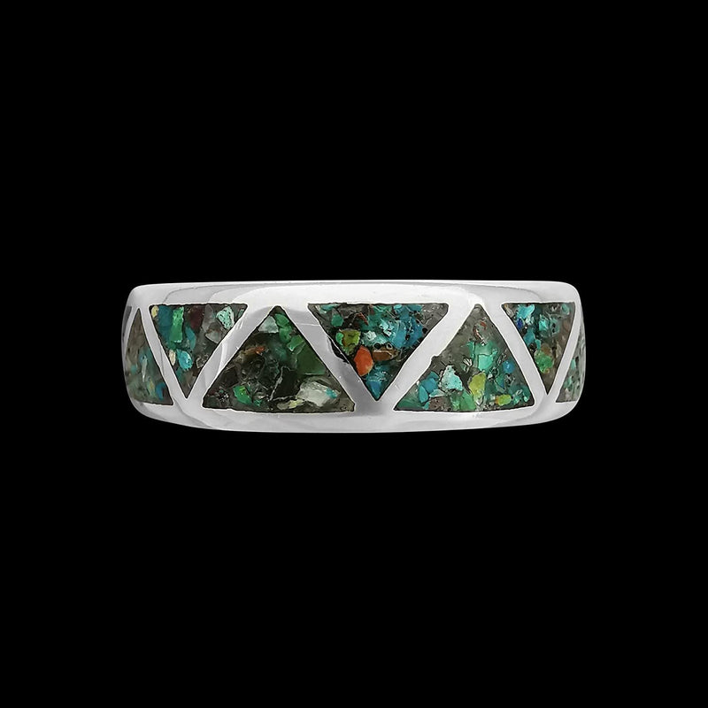 Size 7-925 Sterling Silver Green Turquoise Navajo Band, Segmented Triangle Design, Handmade Geometric Jewelry, Statement Navajo Gemstone Flat Band