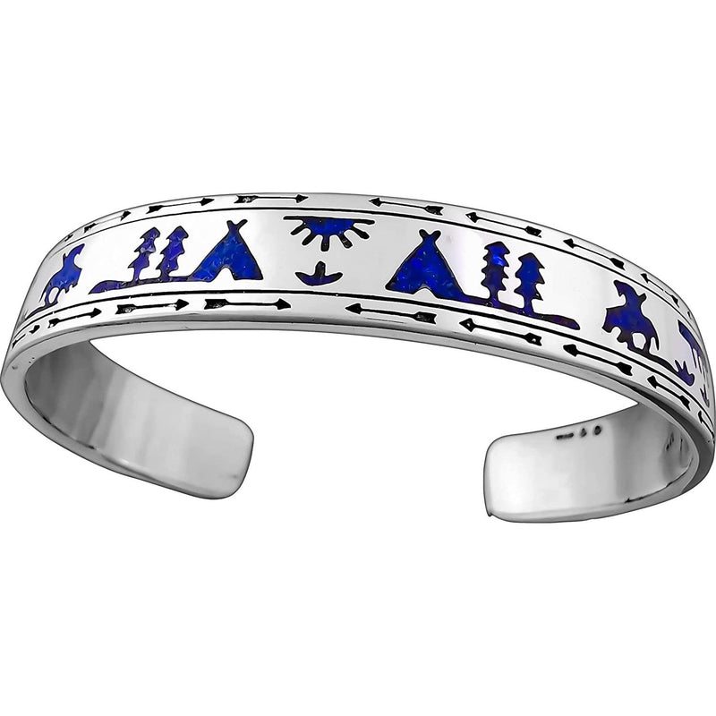 Size 6-3/4 Wrist - 925 Sterling Silver Lapis Lazuli Storyteller Cuff Bracelet, Detailed End of Trail Design, Handcrafted Silver Jewelry, Handmade Bangle Bracelet