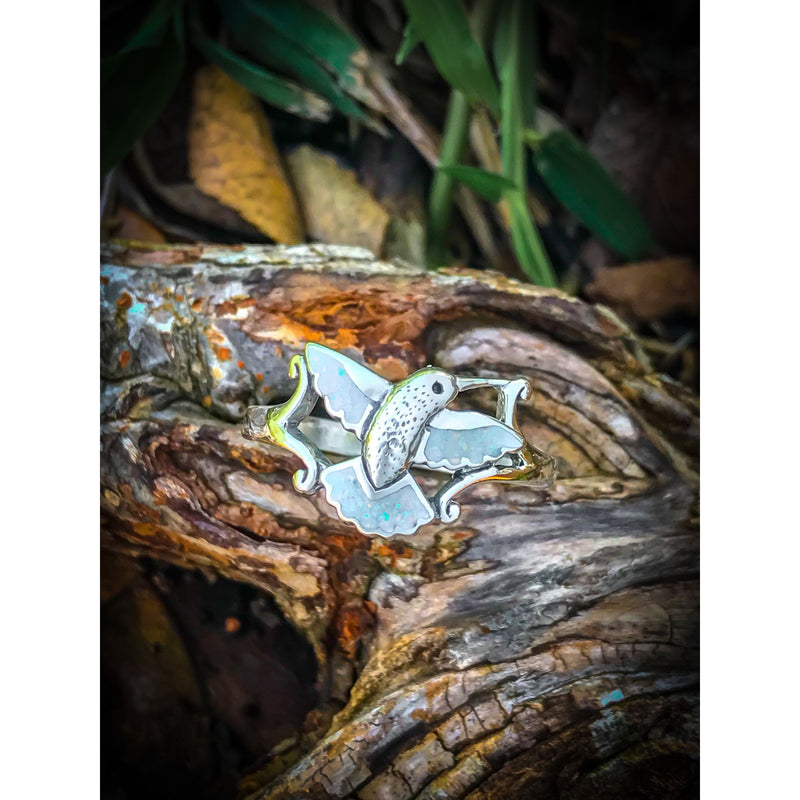 Hummingbird Ring • 925 Silver • White Opal Inlay • Navajo Handmade Jewelry
