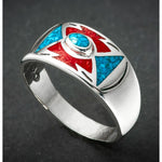 Southwest Style Ring • Navajo Handmade • Sterling Silver • Turquoise and Ocean Red Coral Inlay