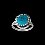 Size 3.5-925 Sterling Silver Round Sleeping Beauty Turquoise Cabochon Ring, Braided Border Design, Handmade Gemstone Jewelry, Navajo Solitaire Stone Band