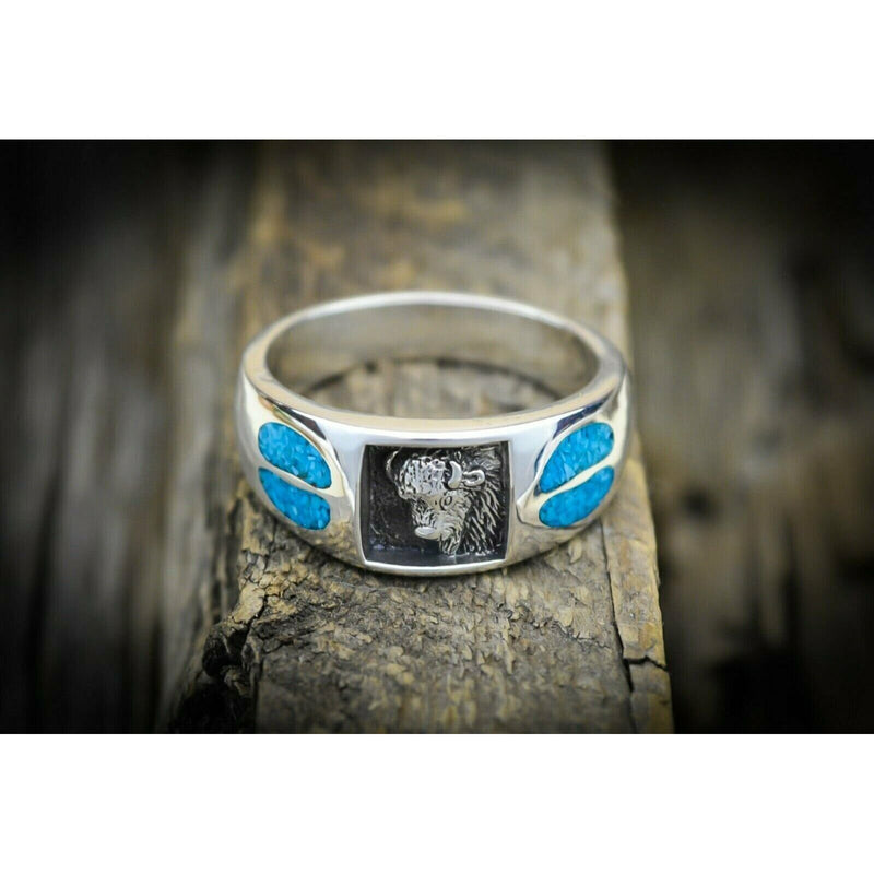 Native American Buffalo Ring • Sterling Silver • Bison Head Design • Turquoise Inlay • Native American Handmade