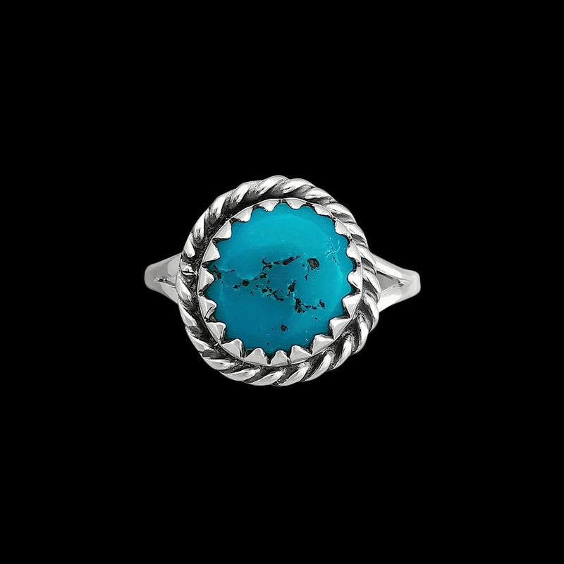 Size 3.5-925 Sterling Silver Round Sleeping Beauty Turquoise Cabochon Ring, Braided Border Design, Handmade Gemstone Jewelry, Navajo Solitaire Stone Band