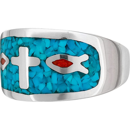 925 Sterling Silver Turquoise and Red Coral Ichthys Ring, Cross & Christian Fish Design, Handmade Native American Gemstone Jewelry, Statement Birthstone Band (10)